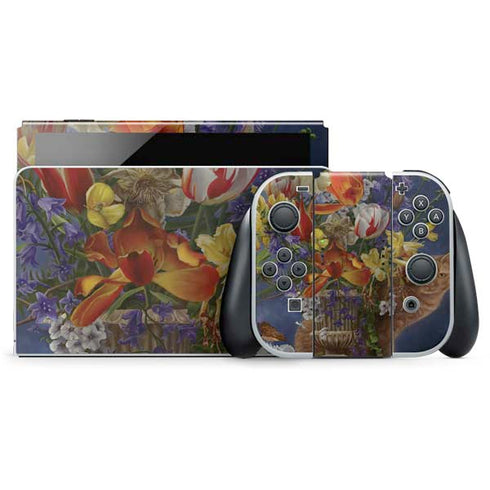 Tabby Cat with Flowers by Nene Thomas Nintendo Switch OLED (2021) Skin